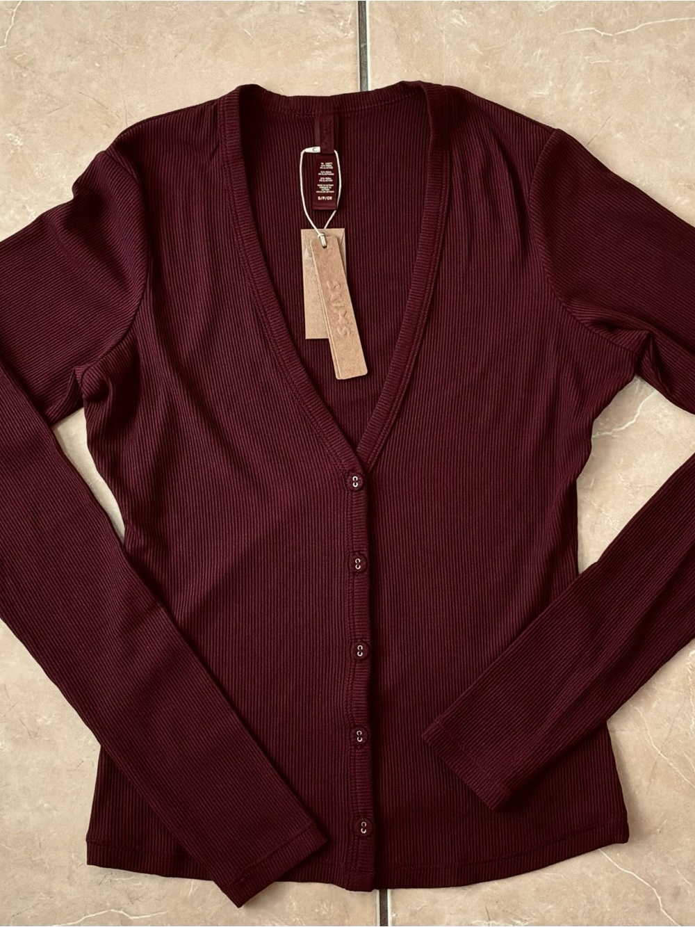 SKIMS Ribbed V-Neck Button Long Sleeve Top - Burgundy